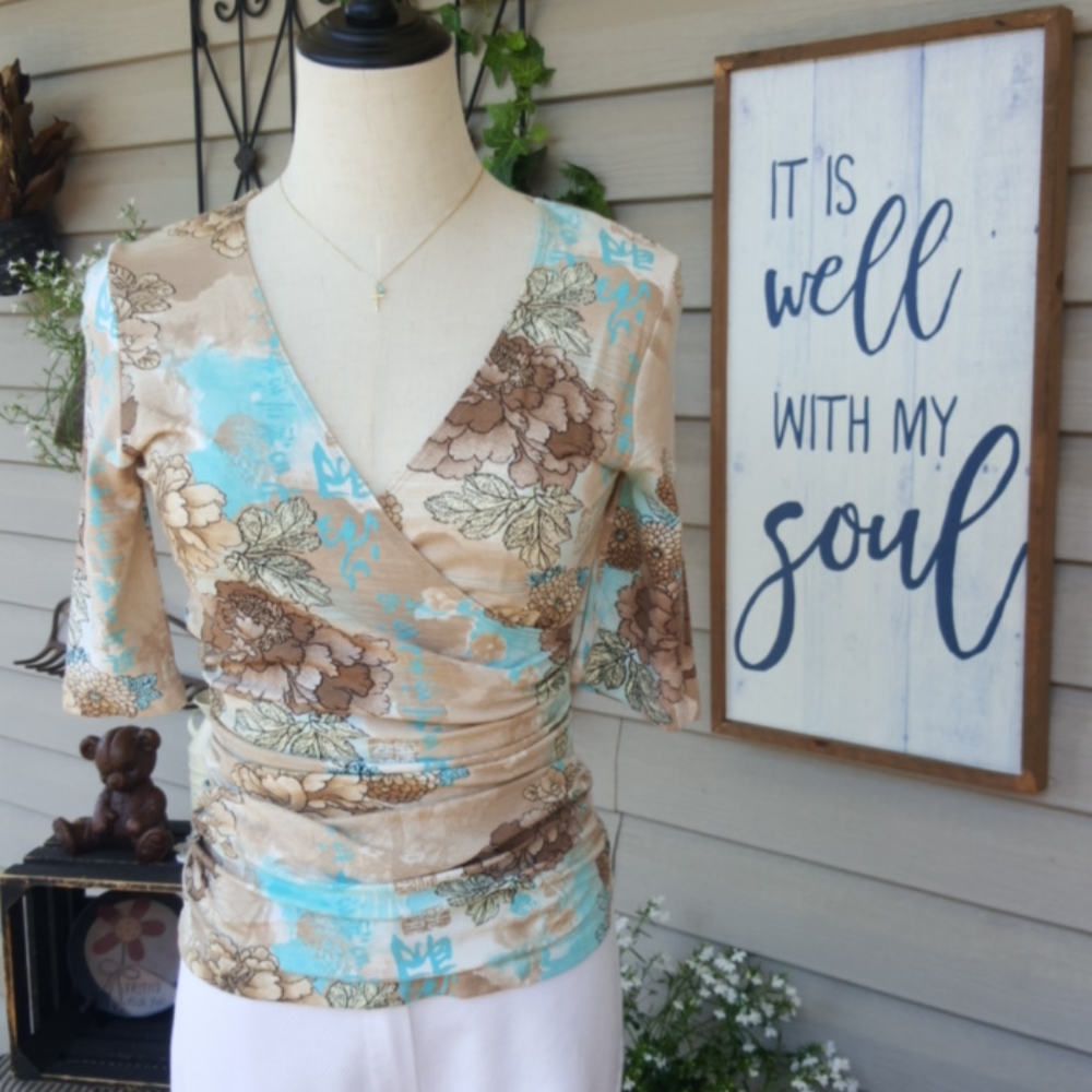 KAREN KANE ♡ Gorgeous Aqua 'n Beige Vintage Floral Fitted 3/4 Sleeve Blouse S